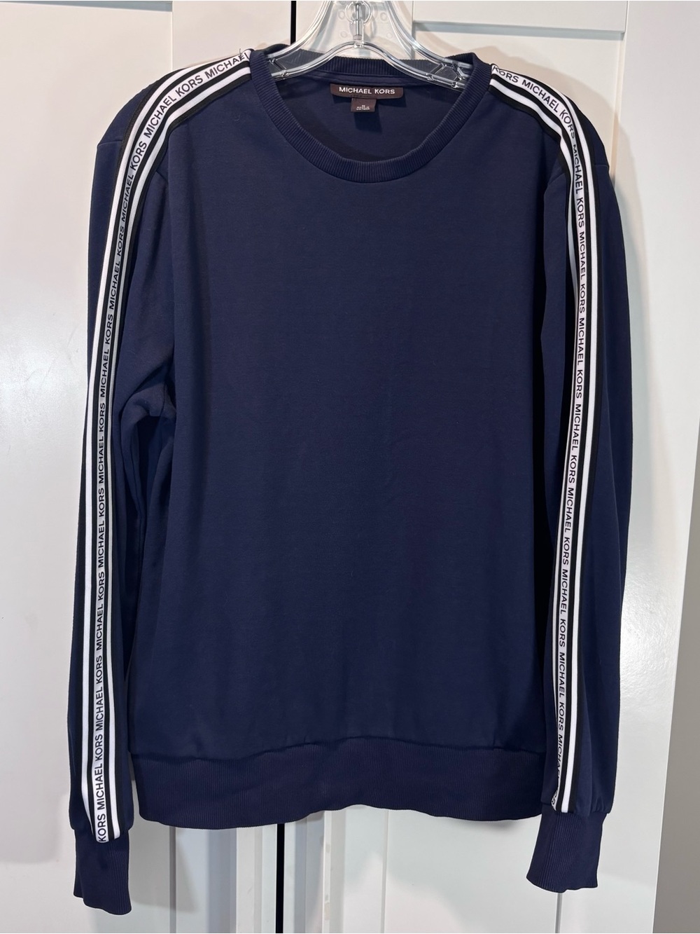 Michael Kors Womens M Navy Logo Tape Sleeve Stripe Crewneck Sweatshirt Pullover